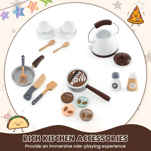 Miniatura 5 de HONEY JOY Cocina de Jugar de Esquina, Juego de Cocina de Madera para Niños Pequeños con Luces, Cafetera, Microondas, Fregadero, Grifo, Juego