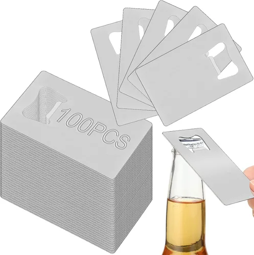 Nuogo 100 abrebotellas de tarjetas de acero inoxidable, abrebotellas de metal a granel, abrelatas de cerveza para padrinos de boda, abrebotellas