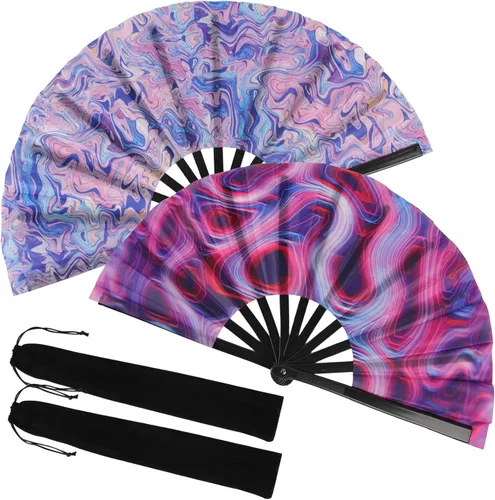 Miniatura 8 de Paquete de 2 ventiladores de mano plegables grandes con bolsas, ventilador de mano de verano para hombres y mujeres para festivales de música, baile