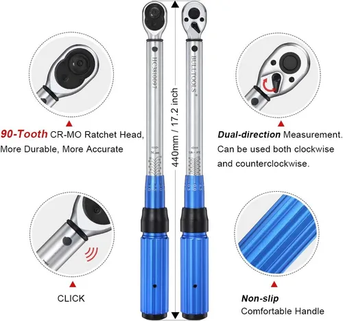 Miniatura 4 de BULLTOOLS Juego de llaves dinamométricas de clic de doble dirección de 3/8 pulgadas, llave dinamométrica de alta precisión de 90 dientes con hebilla