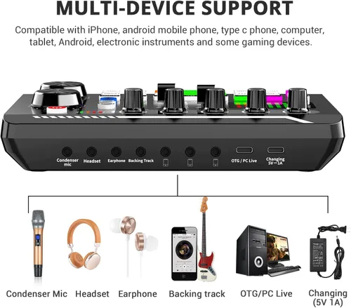 Miniatura 4 de Facmogu Mezclador de audio con tarjeta de sonido en vivo F998, interfaz de audio de podcast con efectos de mezclador de DJ, cambiador de voz