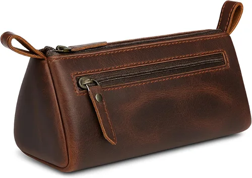 Miniatura 12 de Bolsa de maquillaje de cuero para mujer, bolsa de cosméticos de cuero genuino, bolsa de maquillaje hecha a mano con cremallera, bolsa de aseo Azul