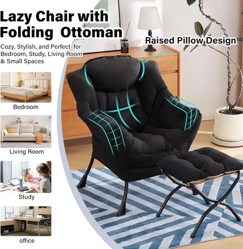 Miniatura 6 de Furlide Silla Perezosa Moderna con Reposapiés Plegable, Sillón de Descanso y Cómoda Silla de Lectura (Negro)