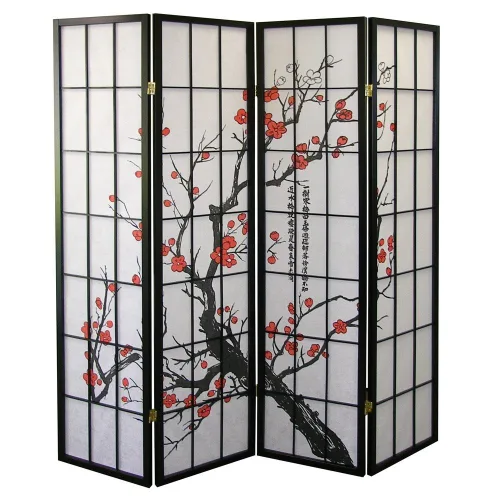 Miniatura 2 de Roundhill Biombo negro de 4 paneles con diseño japonés de flor de ciruelo