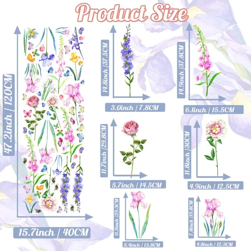 Miniatura 7 de KOKOLAP Adhesivo para ventana de flores de jardín, calcomanías de flores de iris para ventana, calcomanías de vinilo para pared de hojas verdes