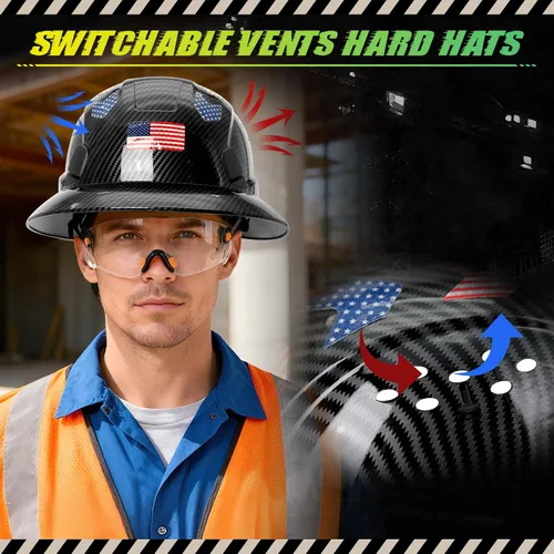 Miniatura 4 de Casco duro de ala completa con patrón de fibra de carbono con visera, casco de seguridad de construcción aprobado por la OSHA para hombres