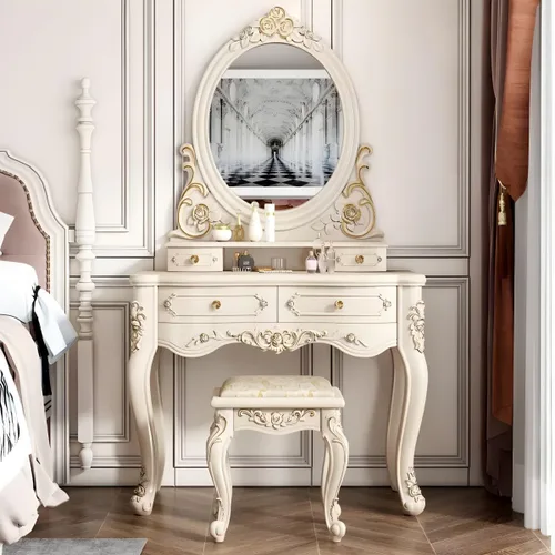 Miniatura 8 de Moderno juego de tocador de maquillaje, escritorio de maquillaje para dormitorio, tocador de madera para dormitorio, tocador de maquillaje, espejo