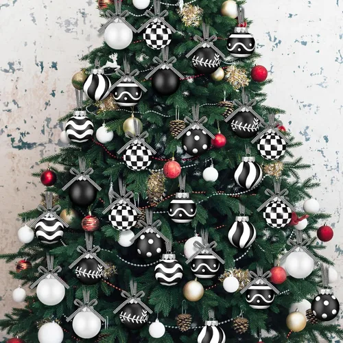 Miniatura 4 de Chuangdi 24 piezas Adornos de bola de Navidad para árbol, decoraciones de árbol de Navidad en negro y blanco, adornos modernos de bola colgante