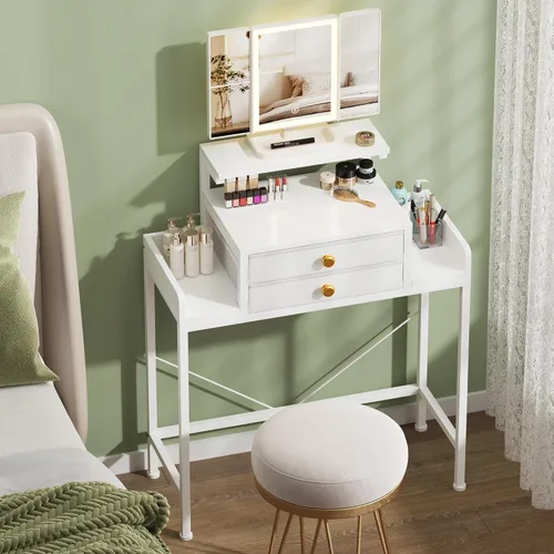 HIGDBFE Escritorio de tocador con espejo y luces, mesa de maquillaje pequeña de 28.4 pulgadas de ancho con soporte ajustable en altura, 2 cajones de