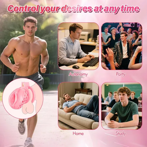 Miniatura 5 de Jaula de castidad masculina – Jaula de pene suave y ligera con vagina y clítoris realistas y anillos de 6 tamaños, cómodo dispositivo de castidad