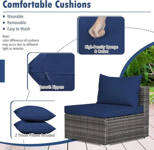 Miniatura 6 de Tangkula Juego de muebles de mimbre de patio de 7 piezas, juego de sofá modular de ratán para 6 personas con cojines de asiento y respaldo, 2 Azul