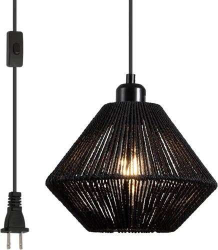 Miniatura 11 de Paquete de 2 lámparas colgantes tejidas con enchufe negro, 9.65 pulgadas, lámpara colgante rústica de granja con cable de enchufe e interruptor
