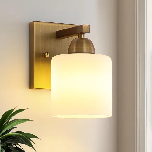 Miniatura 19 de Mecgirn Luces de tocador de vidrio de leche de acero inoxidable para baño, 2 lámparas de baño doradas claras sobre espejo, enchufes E26 de cerámica