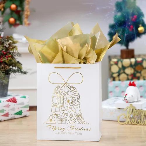 Miniatura 4 de UNIQOOO 12 bolsas de regalo grandes de papel de aluminio dorado blanco y metálico, 4 diseños surtidos de copos de nieve de árbol de Navidad