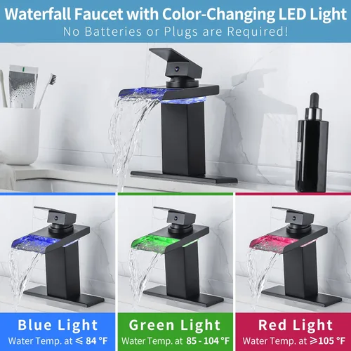 Miniatura 2 de Grifo LED para Lavabo de Baño - Negro Mate de Un Solo Agujero o Centerset de 4 Pulgadas Grifo de Cascada con Boquilla de Acero Inoxidable y Luces