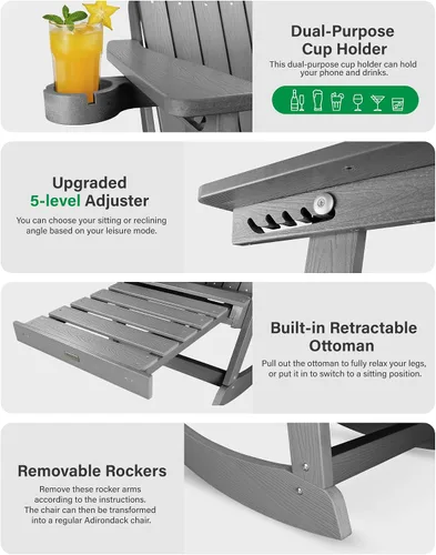 Miniatura 6 de YEFU Sillas Adirondack con otomana retráctil: sillas mecedoras Adirondack de gran tamaño, respaldo alto ajustable de 5 niveles, balancín para Gris