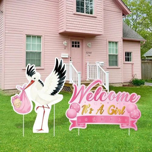 Miniatura 10 de 2 piezas de señal de jardín para baby shower con estaca, señal de revelación de género rosa, elefante, decoración de césped, bienvenida, es una