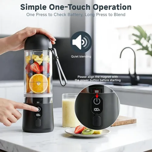 Miniatura 5 de Licuadora portátil, 8 cuchillas de tamaño personal para batidos, vaso exprimidor recargable USB C con pantalla LED, mini mezclador para viajes