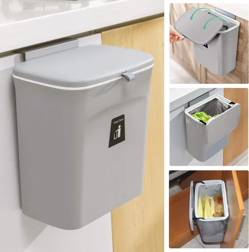Miniatura 8 de Tiyafuro Cubo de compost de cocina de 2.4 galones para encimera o debajo del fregadero, cubo de basura pequeño colgante con tapa para armario, baño