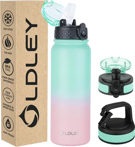 Miniatura 25 de Botella de agua aislada Oldley de 12 oz con pajita, botella de agua de acero inoxidable con 2 tapas, botellas de doble pared con vacío para adultos
