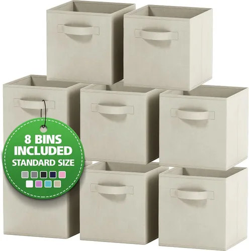 Miniatura 9 de Juego de 8 cubos de almacenamiento cestas plegables de tela con asas duales. Cubos de almacenamiento Organizador de estantes de armario Blanco