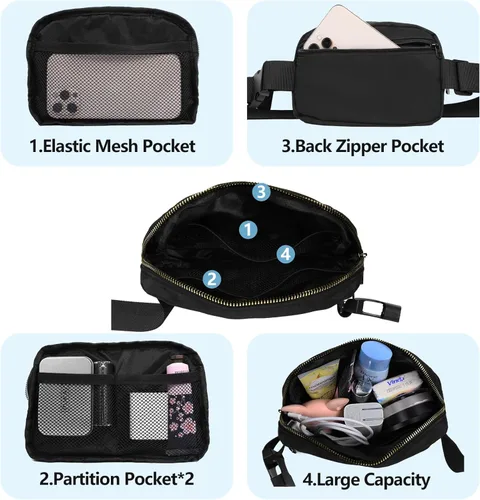 Miniatura 3 de VOROLO Riñonera para mujeres y hombres, bolsa cruzada, bolsa de cinturón con correa ajustable, Negro, Talla única