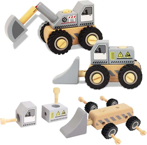 Vehículos de construcción para niños pequeños, 2 piezas desmontables de madera, excavadora y excavadora, juguetes de vehículos para niños de 3 años