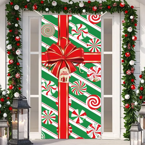 Miniatura 9 de Cartel de Navidad para puerta, decoración de Feliz Navidad, búfalo a cuadros rojos y negros, telón de fondo de caja de regalo de Navidad, lazo