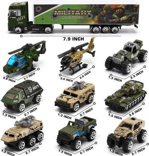Miniatura 4 de 26 piezas de camiones militares con soldados de juguete (2 en 1), mini coche de batalla fundido en camión transportador, juguete de ejército