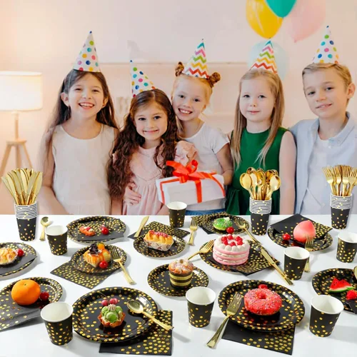 Miniatura 7 de 175 piezas de suministros de fiesta negros y dorados, lunares dorados en platos de papel negro, servilletas y vasos, cubiertos de plástico dorado