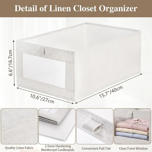 Miniatura 2 de Coloch Paquete de 6 contenedores de almacenamiento de lino con ventana transparente, caja de almacenamiento plegable para armario, organizador