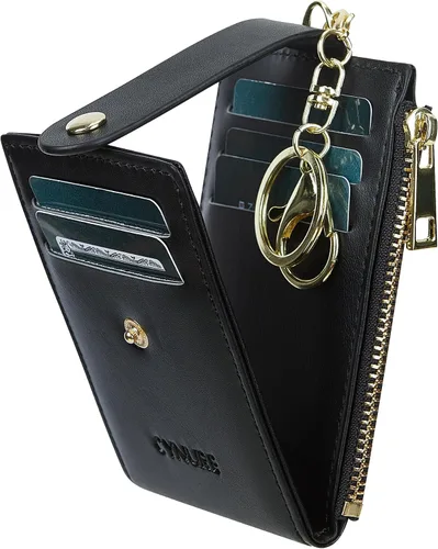 Miniatura 2 de Tarjetero de cuero para mujer, con bloqueo RFID, delgado y pequeño, con cremallera, llavero, bolsillo frontal, con 2 ventanas para identificación
