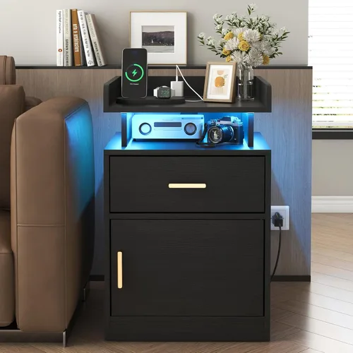 Miniatura 3 de Mesita de noche con estación de carga y luces LED, mesita de noche con cajón, mesita de noche con almacenamiento de gabinete, mesita de noche