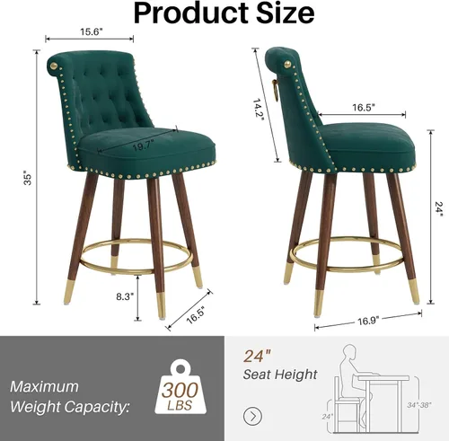 Miniatura 2 de SeekFancy Juego de 4 taburetes de bar de altura de mostrador, taburetes de bar giratorios de 360°, taburetes de bar tapizados de terciopelo