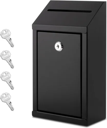 EIENHOSHI Caja de donación de metal con cerradura, montaje en pared, caja de sugerencias con 4 llaves de hierro, color negro, caja de dinero con