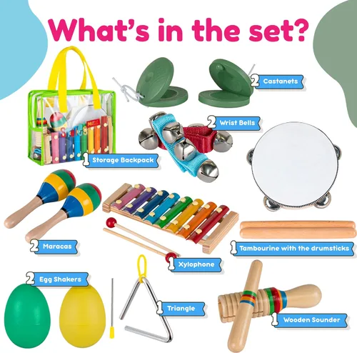 Miniatura 2 de Stoie's - Juego de instrumentos musicales para niños – Instrumentos de percusión de madera para niños pequeños, xilófono, pandereta, maracas
