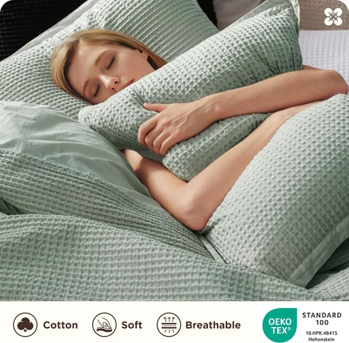 Miniatura 3 de Bedsure - Funda de edredón de algodón tamaño King - Funda nórdica 100% algodón con tejido en rombos color verde salvia, juego de ropa de cama 11