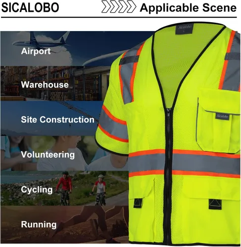 Miniatura 6 de Chaleco de malla de seguridad de alta visibilidad para hombre con 10 bolsillos, chaleco reflectante Hi Vis, clase 3, ropa de trabajo con cremallera