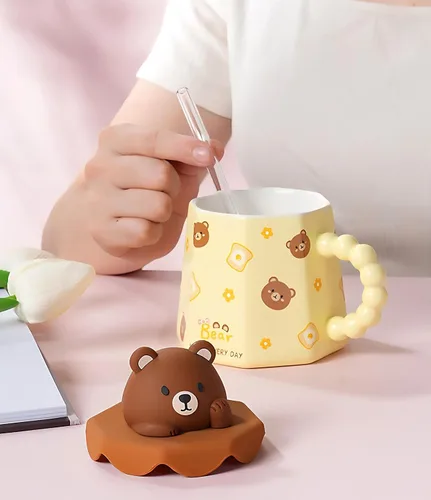Miniatura 7 de Taza GawmFoiuy Mark con pajita, taza de cerámica con estampado de animales, 414 ml, tazas de café y té kawaii, tazas de animales divertidas, taza