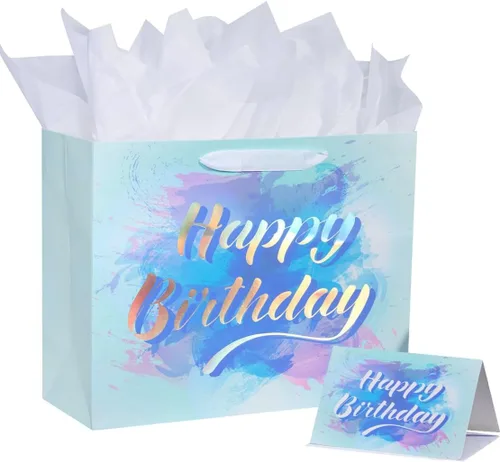 Miniatura 12 de SUNCOLOR Paquete de 2 bolsas de regalo grandes de 13 pulgadas con papel de seda para él, feliz cumpleaños, bolsas de papel ecológicas con asas
