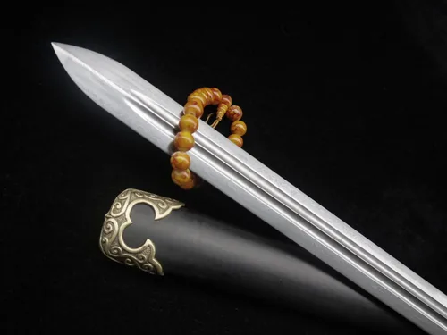 Miniatura 5 de Espada china/Tang jian/hoja de acero de Damasco/vaina de madera negra/accesorios de latón/espiga completa/longitud: 39 pulgadas