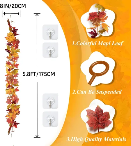 Miniatura 2 de Guirnalda de hojas de arce de otoño de 11.6 pies (2 x 5.8 pies), decoración de hojas artificiales de Acción de Gracias para árbol, mesa de repisa