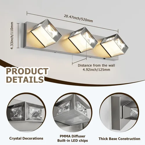 Miniatura 7 de Joossnwell Lámpara de tocador de baño de níquel cepillado con cristal, iluminación LED regulable de 5CCT para baño, sobre espejo