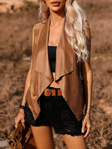 Miniatura 3 de OYOANGLE Chaqueta tipo cárdigan de gamuza hippie sin mangas con cuello abierto para mujer