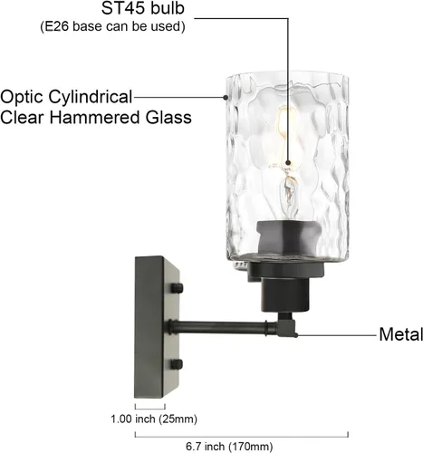 Miniatura 8 de MELUCEE Iluminación de pared interior 2 luces mate negra con vidrio martillado transparente, lámpara de pared moderna para tocador de baño