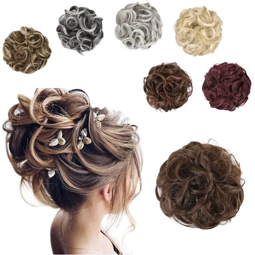 Miniatura 19 de Elaine Extensión de moño grande y desordenado, moño rizado, piezas de cabello sintético ondulado grande con coletero grueso para cola de caballo