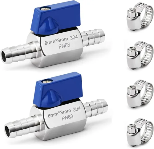 Miniatura 13 de Paquete de 2 mini válvulas de bola de acero inoxidable 304 con púas de identificación de manguera de 1/2 pulgada, kit de abrazaderas para agua