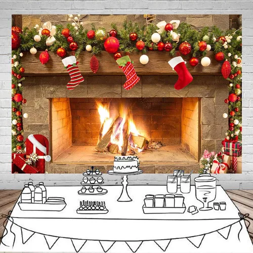 Miniatura 8 de Mocsicka Telón de fondo temático de chimenea navideña para fotografía, árbol de Navidad, calcetín, regalo, decoraciones para fiestas familiares