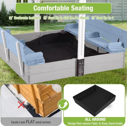 Miniatura 4 de Caja de arena de madera para niños con toldo, 2 asientos de banco plegables, forro retráctil de protección de arena para techo de 47 x 47 pulgadas