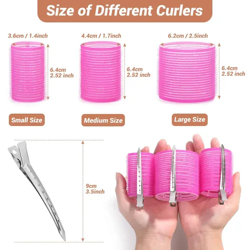 Miniatura 5 de Juego de rulos de cabello de autoagarre, 24 piezas con 3 tamaños (4 jumbo, 4 grandes, 4 medianos) y 12 clips para volumen en cabello largo, corto